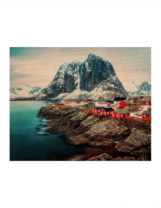 custom wood print norway landscape fishing village